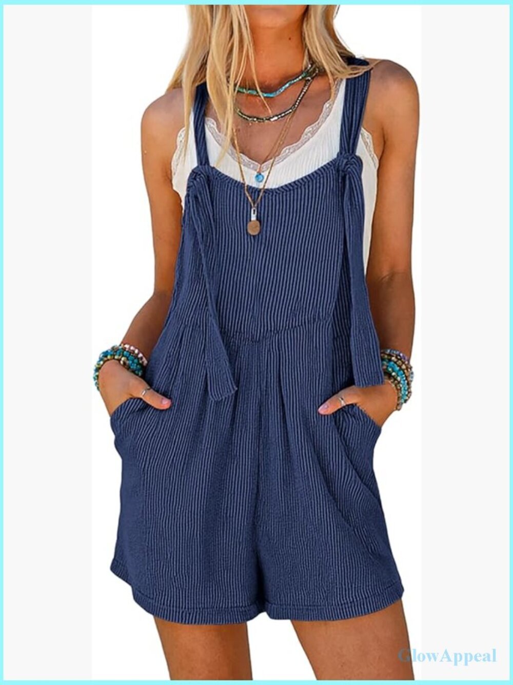 Adjustable Ribbed Knit Jumpsuit with Pockets, Sleeveless Romper for Vacation
